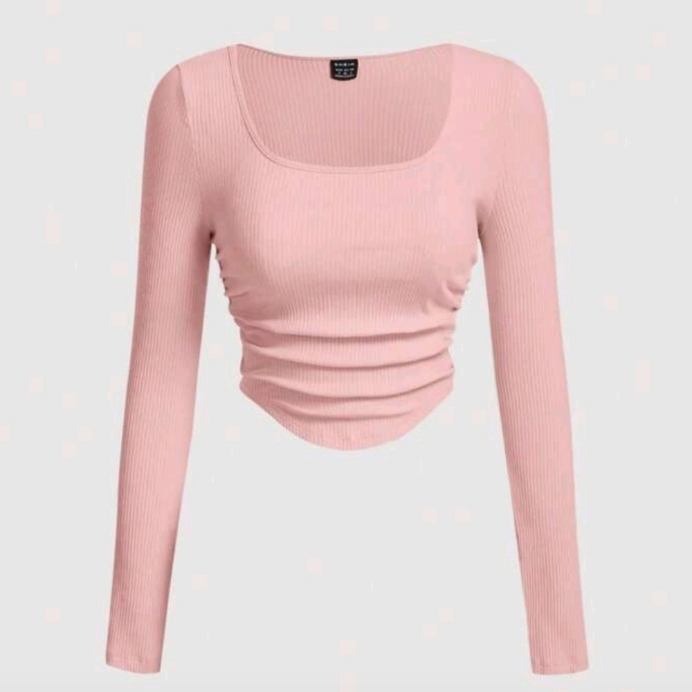 Women Scoop Neck Ruched Hem Ribbed Long Sleeve Pink Cropped Top Size Xs